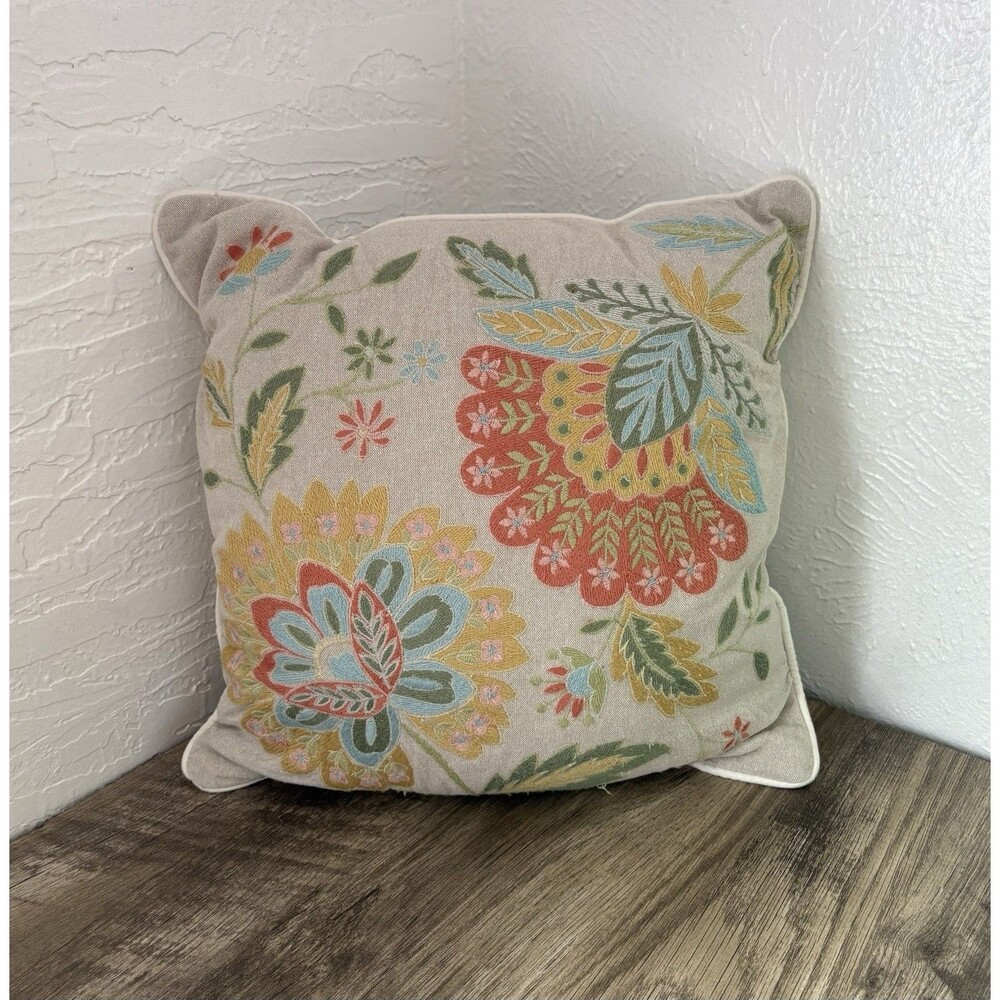 Multicolored Floral Embroidered Decorative Throw Pillow 18X18